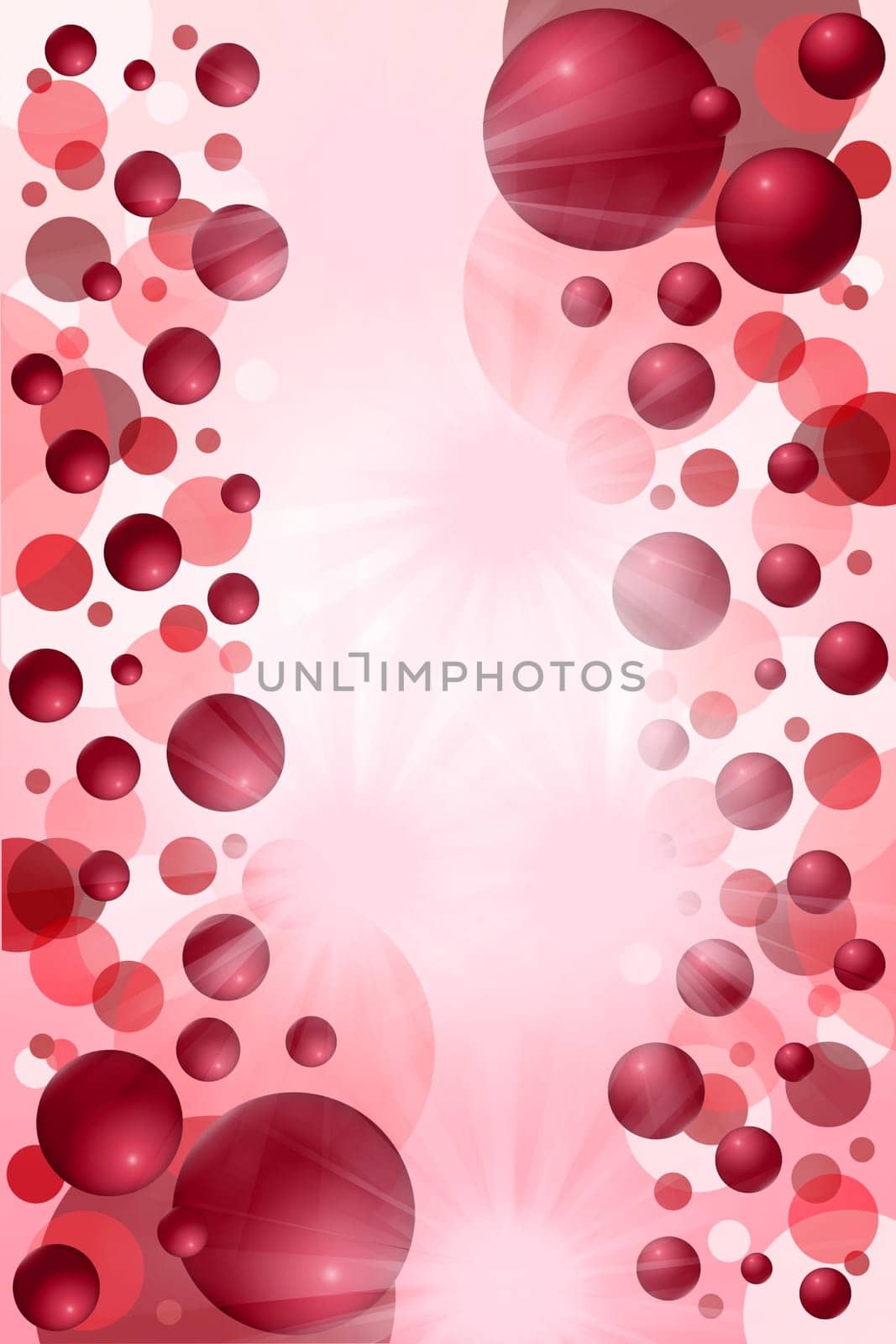 Red balls abstract background. Vertically. Balls and the circles are on both sides of illustration. In the middle is a bright spot with flash suitable for inscription.