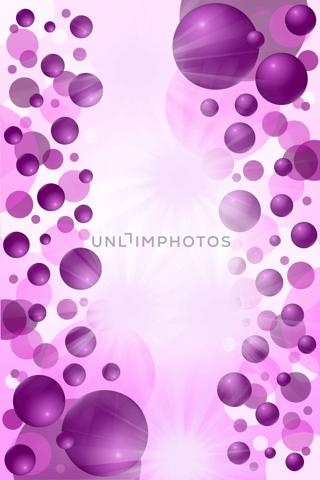 Purple balls abstract background. Vertically. Balls and the circles are on both sides of illustration. In the middle is a bright spot with flash suitable for inscription.