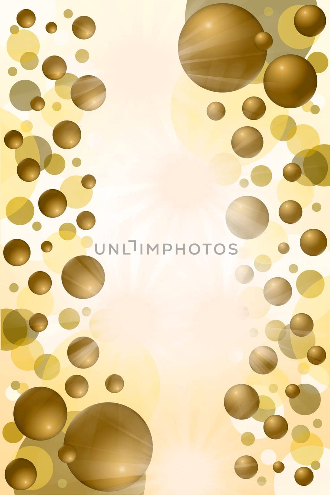Gold balls abstract background. Vertically. Balls and the circles are on both sides of illustration. In the middle is a bright spot with flash suitable for inscription.