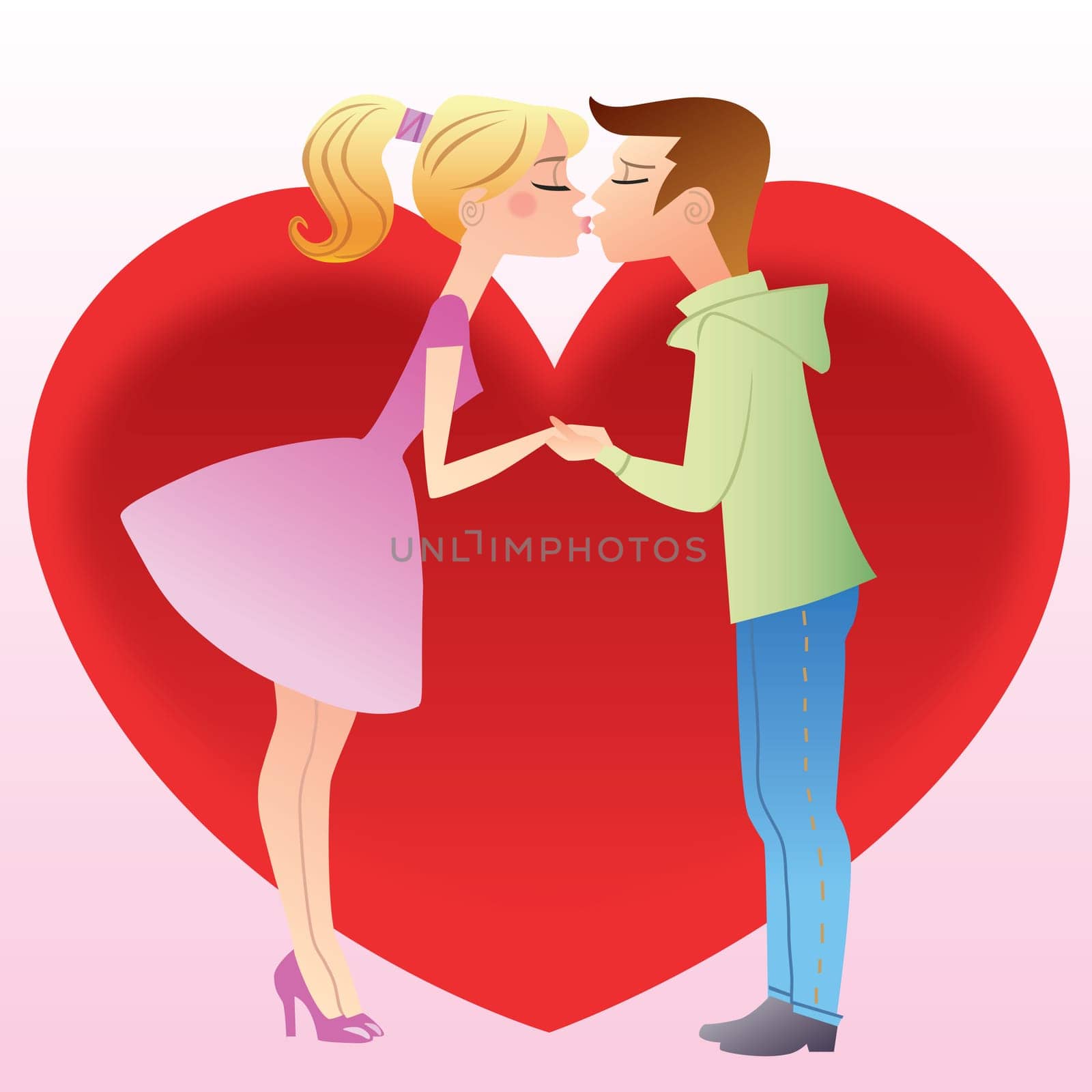 First kiss a girl and boy. Young people kissing on the background of a big red heart