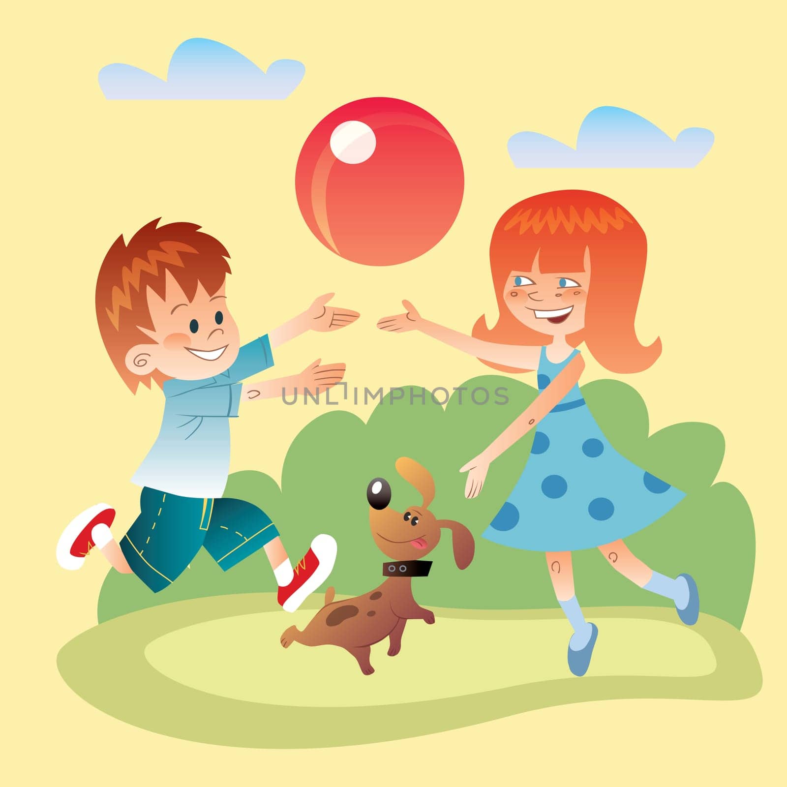 Boy, girl and dog playing ball on the lawn on a clear day