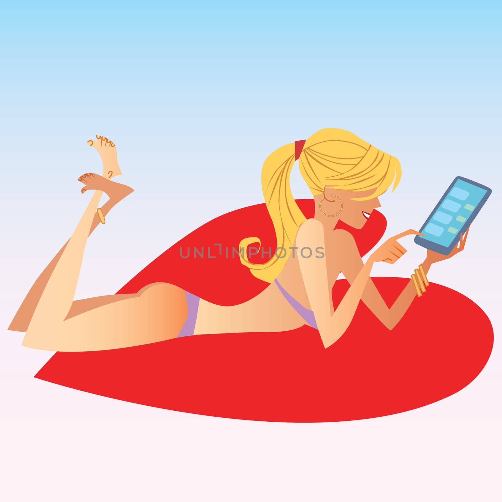 The blonde girl in swimsuit deals on smartphone on the Mat in the shape of a heart