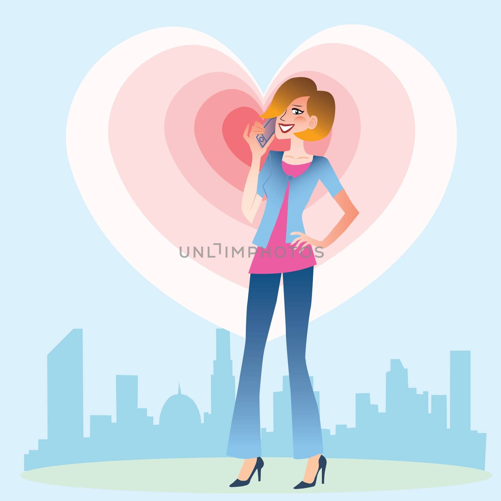 Young woman on the background of the city talking on the phone from which emanate waves of the heart