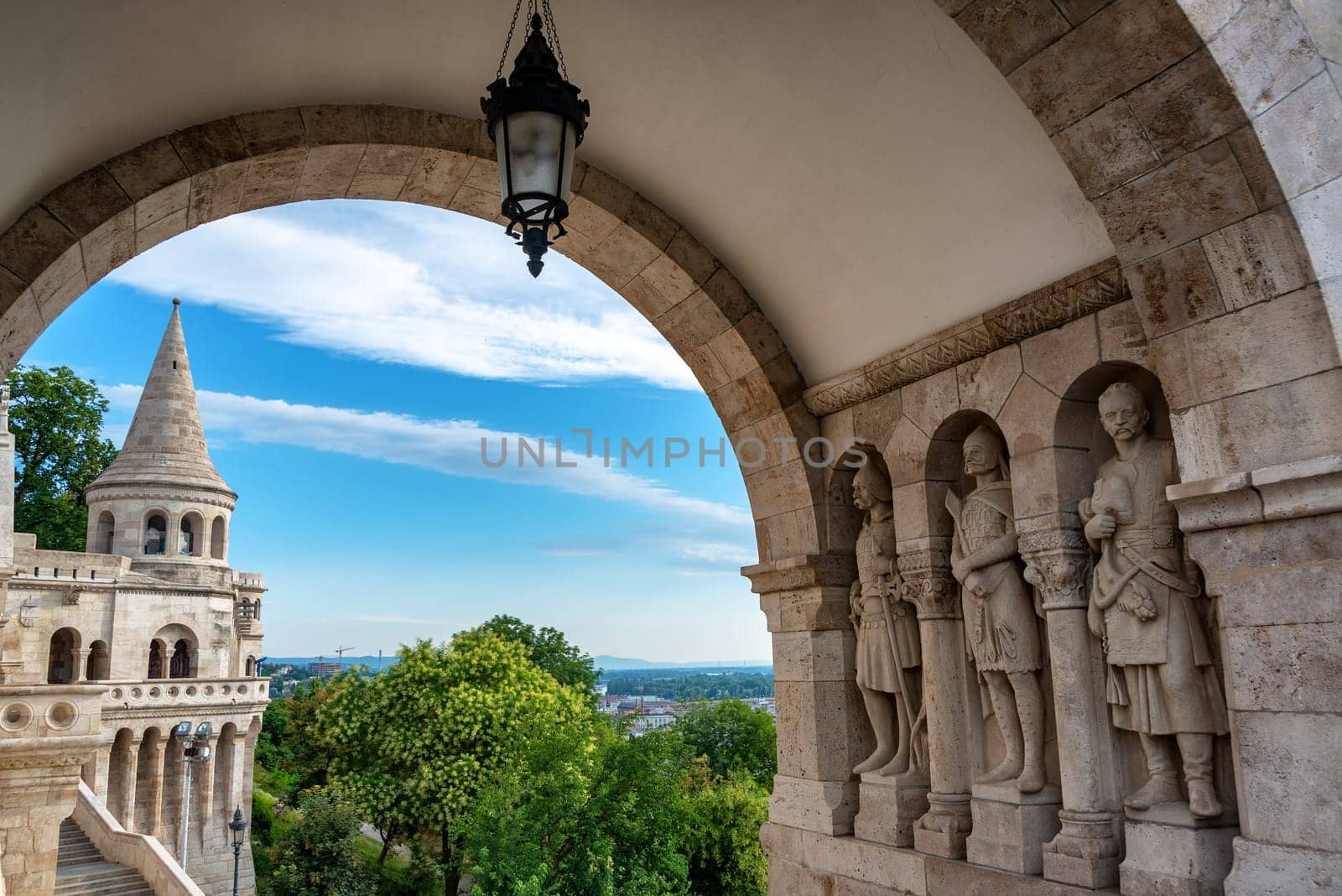 Statues decorating Fishermans Bastion in Budapest, Hungary