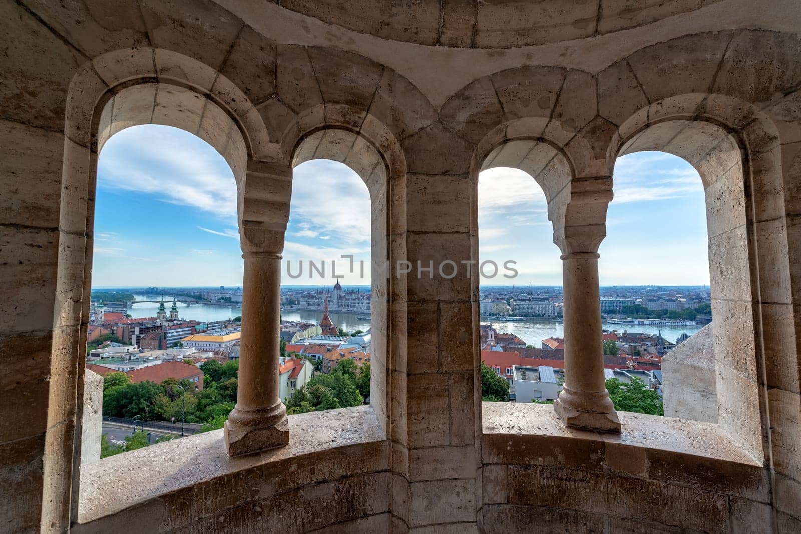 Cityscape of Budapest, Hungary as seen from Fishermans Bastion with the Hungarian Parliament in the background