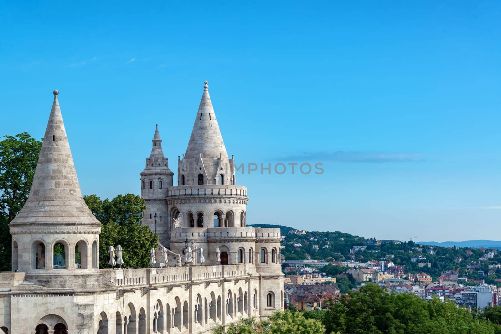 Three towers on Fishermans Bastion in Budapest, Hungary