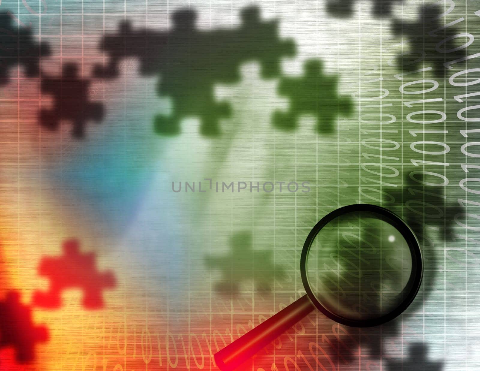 Internet Search. Magnify glass, puzzle pieces and binary code