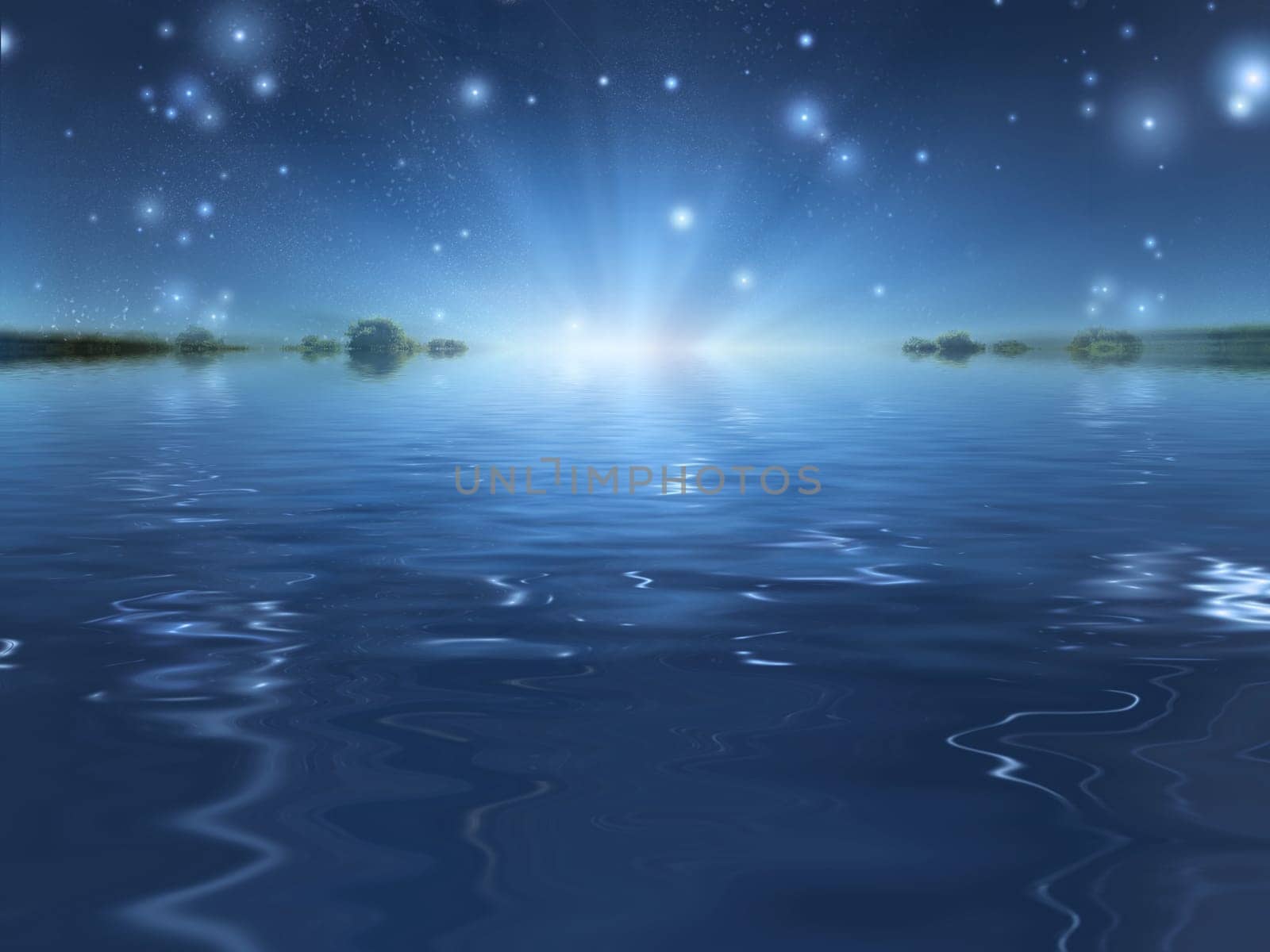 Light over the horizon. Green islands in water world