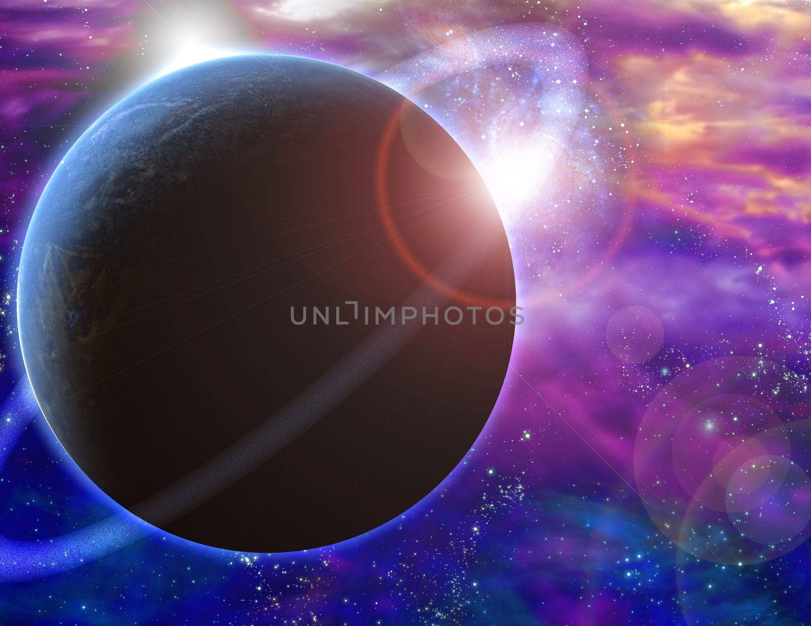 Planet and cosmos. Rising sun in vivid space