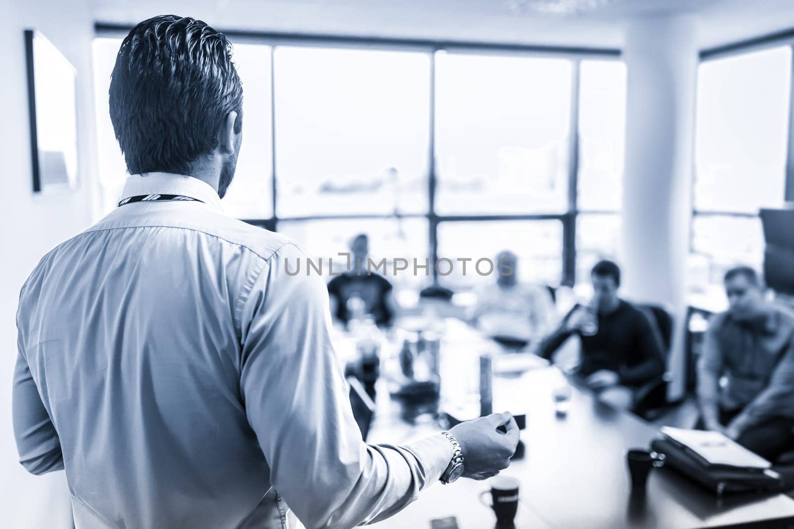 Business man making a presentation at office. Business executive delivering a presentation to his colleagues during meeting or in-house business training. Rear view. Business and entrepreneurship.
