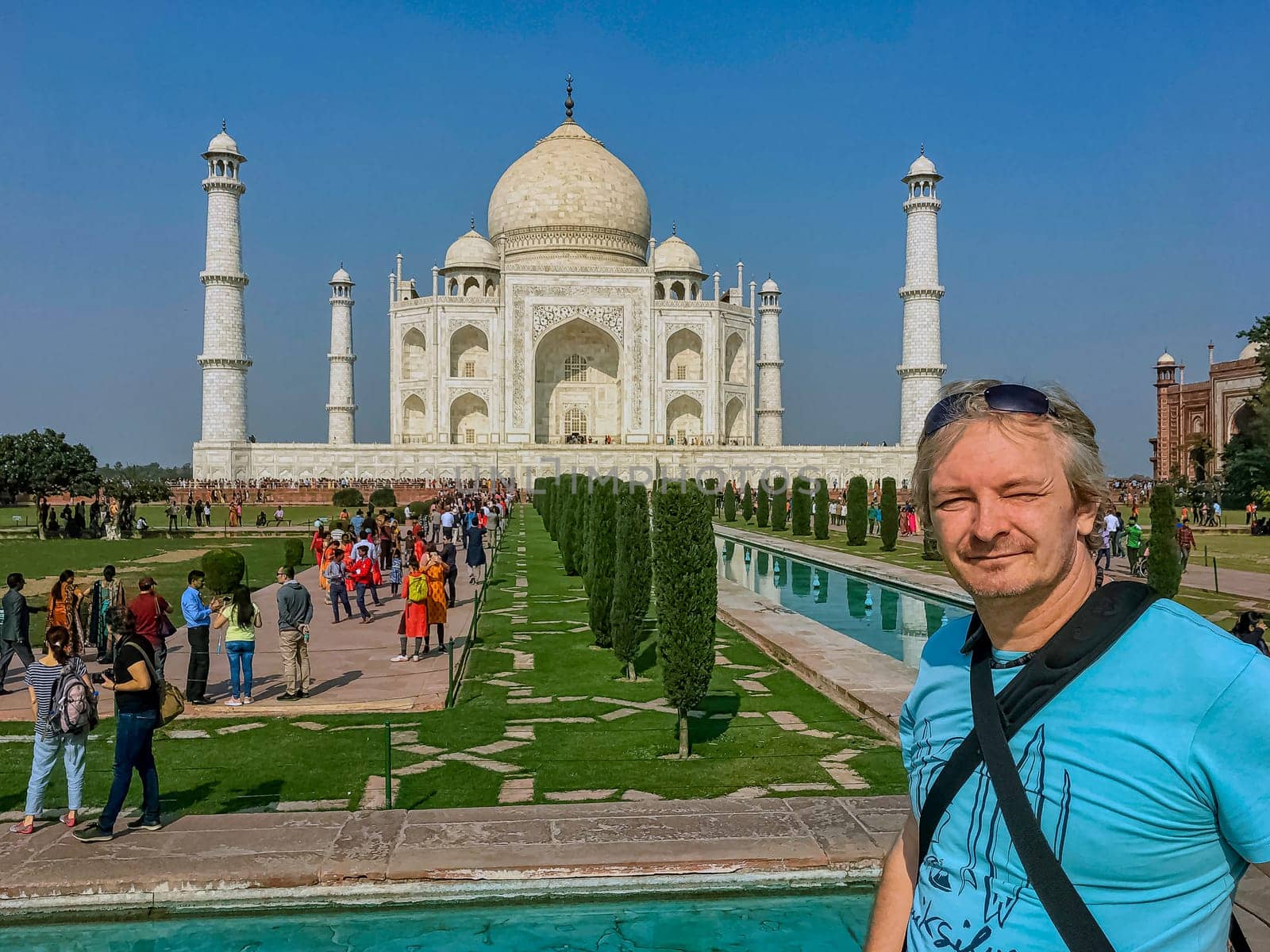 Selfie in front of Crown of the Palaces - Taj Mahal in Agra, Uttar Pradesh, India