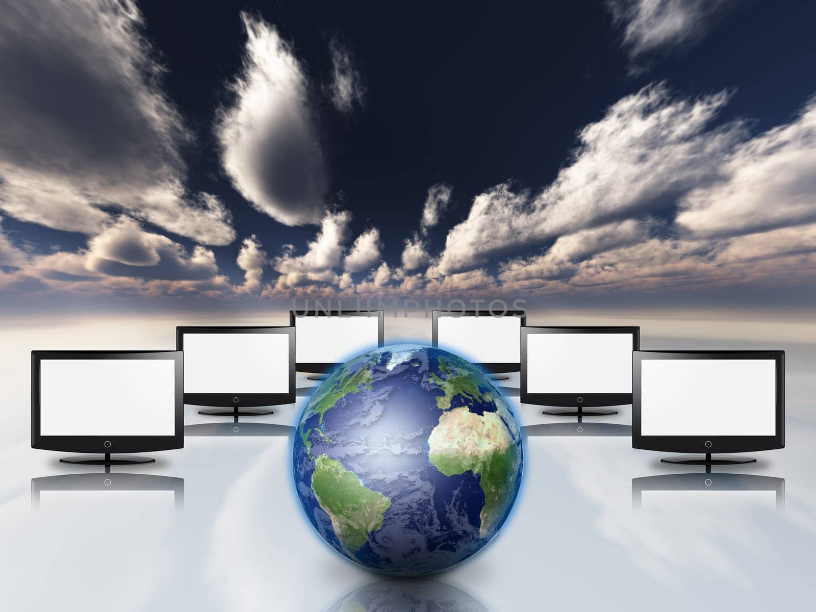 Planet Earth. Computer monitors represents global network internet.