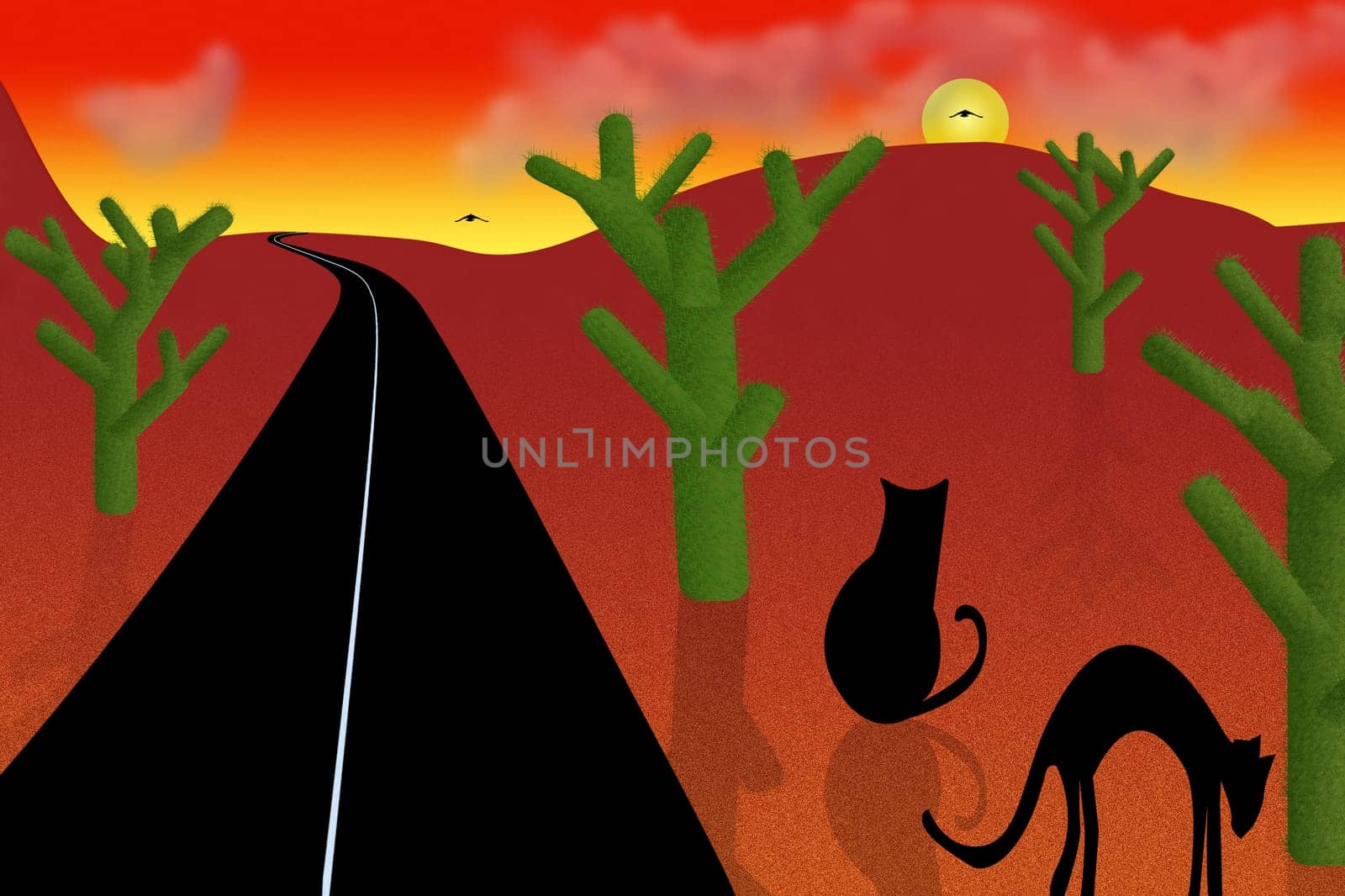Road in the cartoon desert. Red sunset or sunrise, green cactuses and black cat