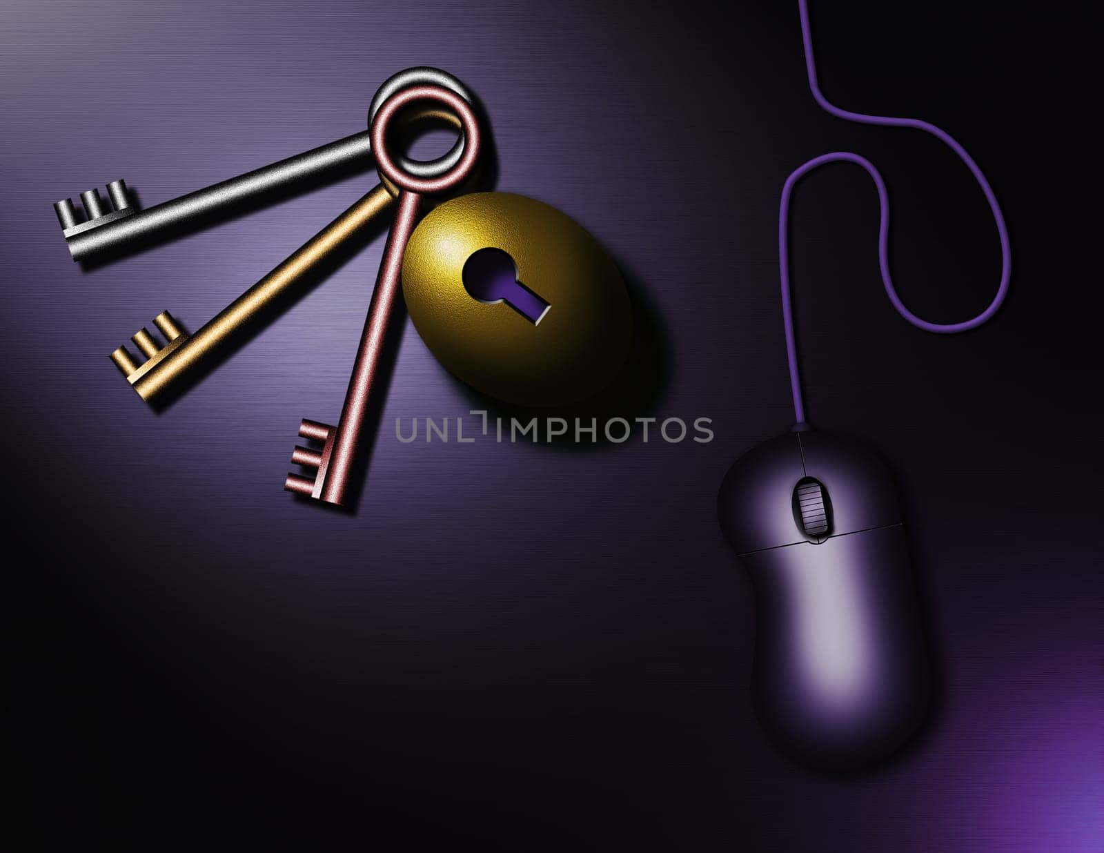 PC mouse and metal keys. Key hole in golden egg