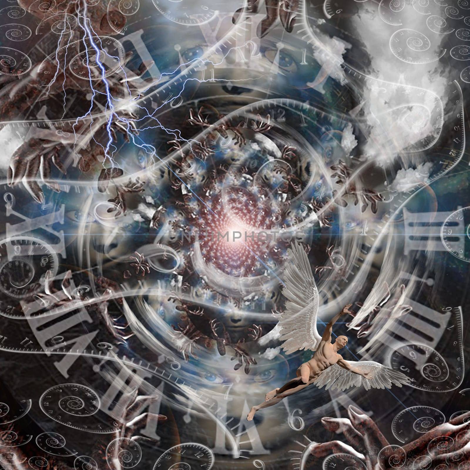 Symbolic composition. Particle of God. Angel and time spirals