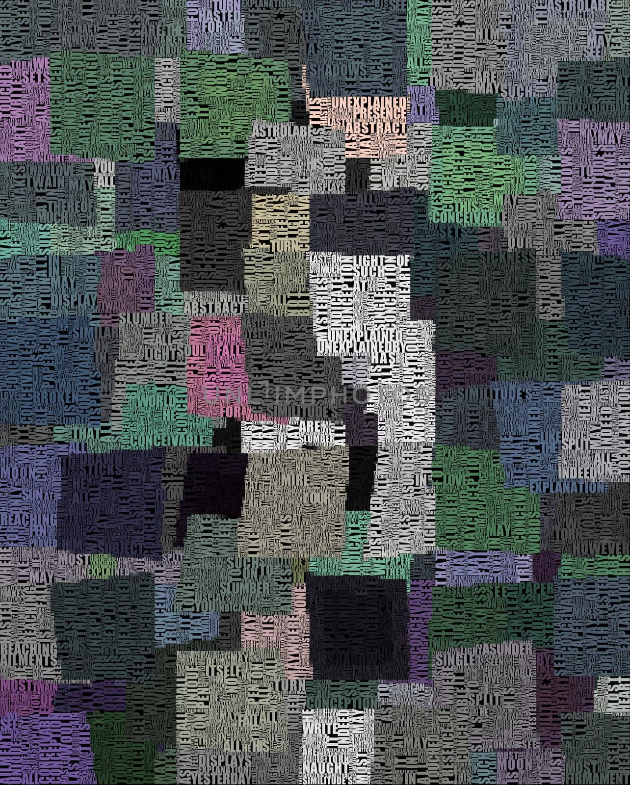 Abstract composition. Colorful squares background. Image composed entirely of words, text.