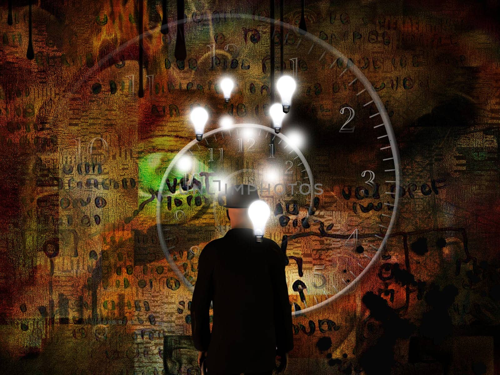 Surreal composition.Time and Ideas. Man in suit with light bulbs above head stands before spiral of time.