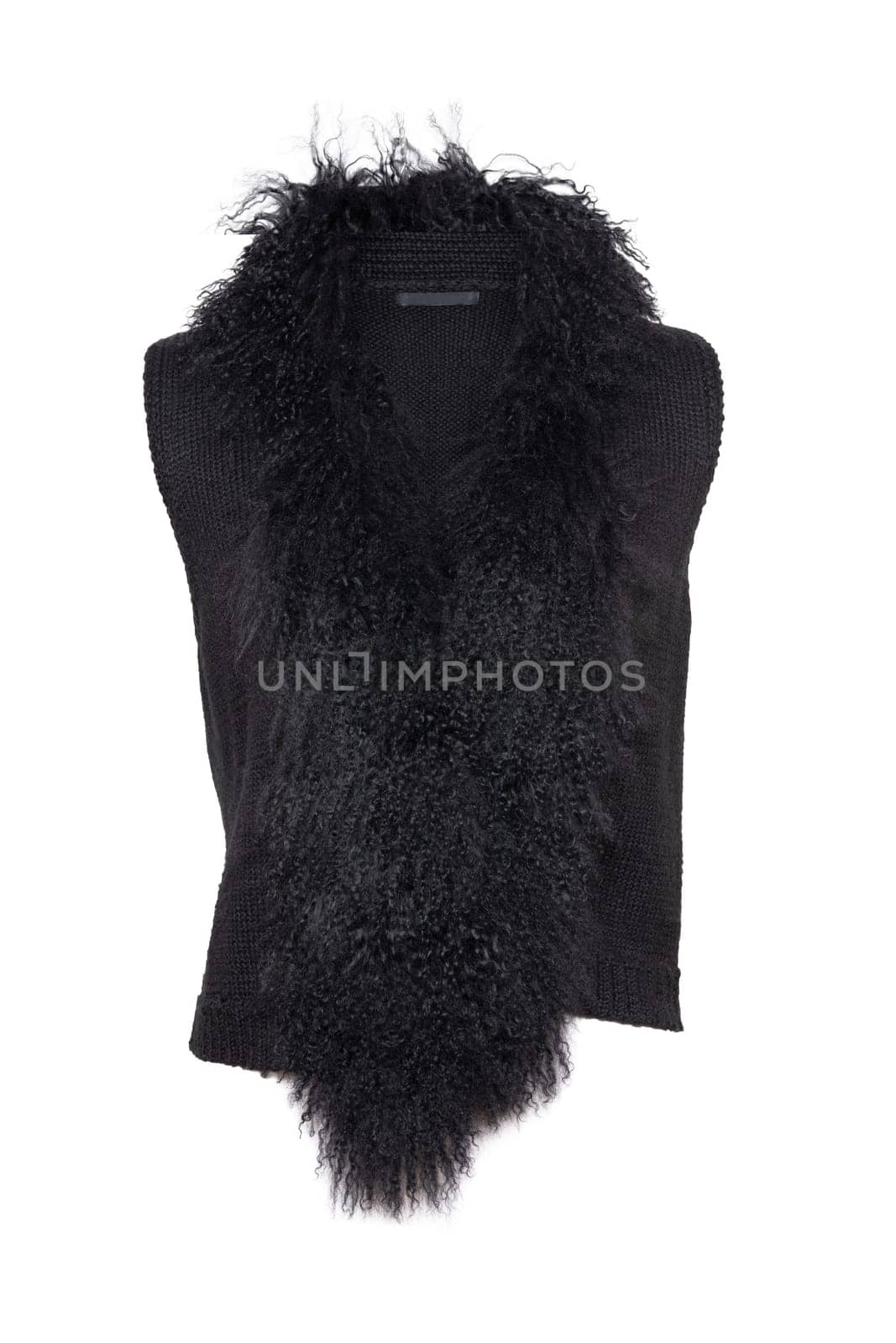 Vest isolated. Black women vest with a large fur collar isolated on a white background. Woman fashion.