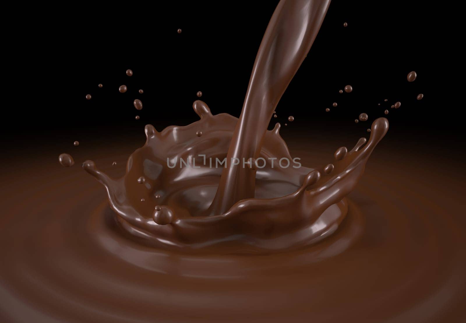 Liquid chocolate pouring with crown splash and ripples. Bird eye view. On black background. Clipping path included.