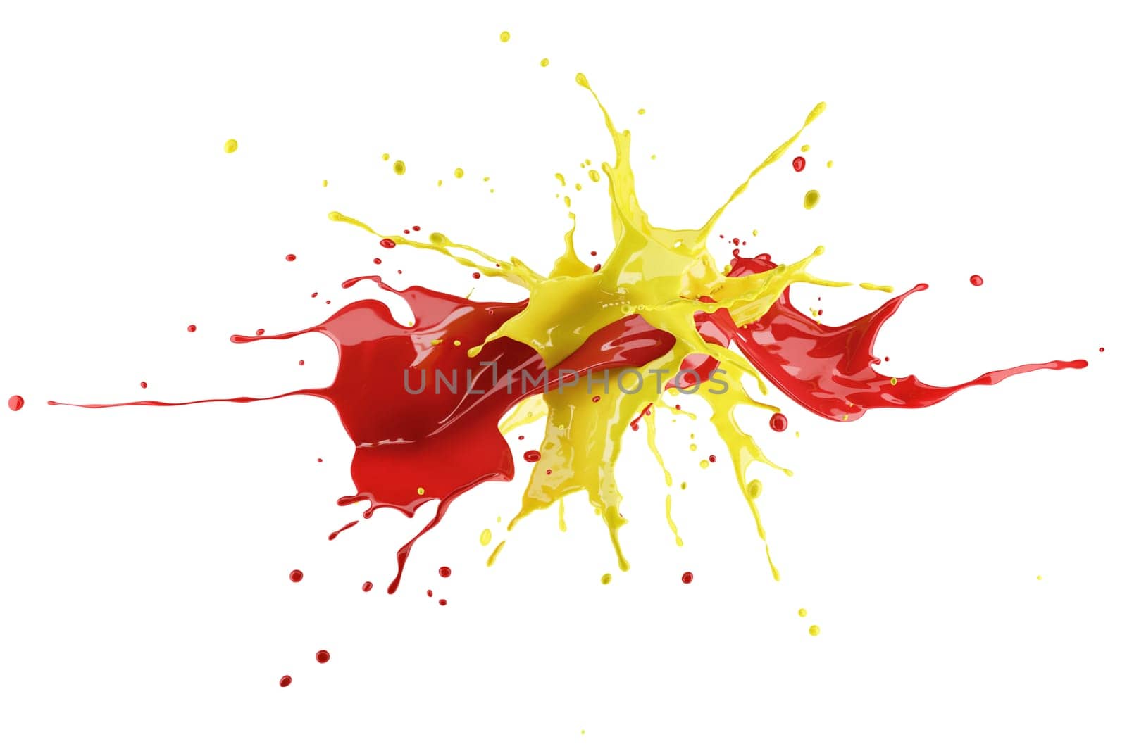 Red and yellow paint splash explosion, splashing against each other. Isolated on white background.