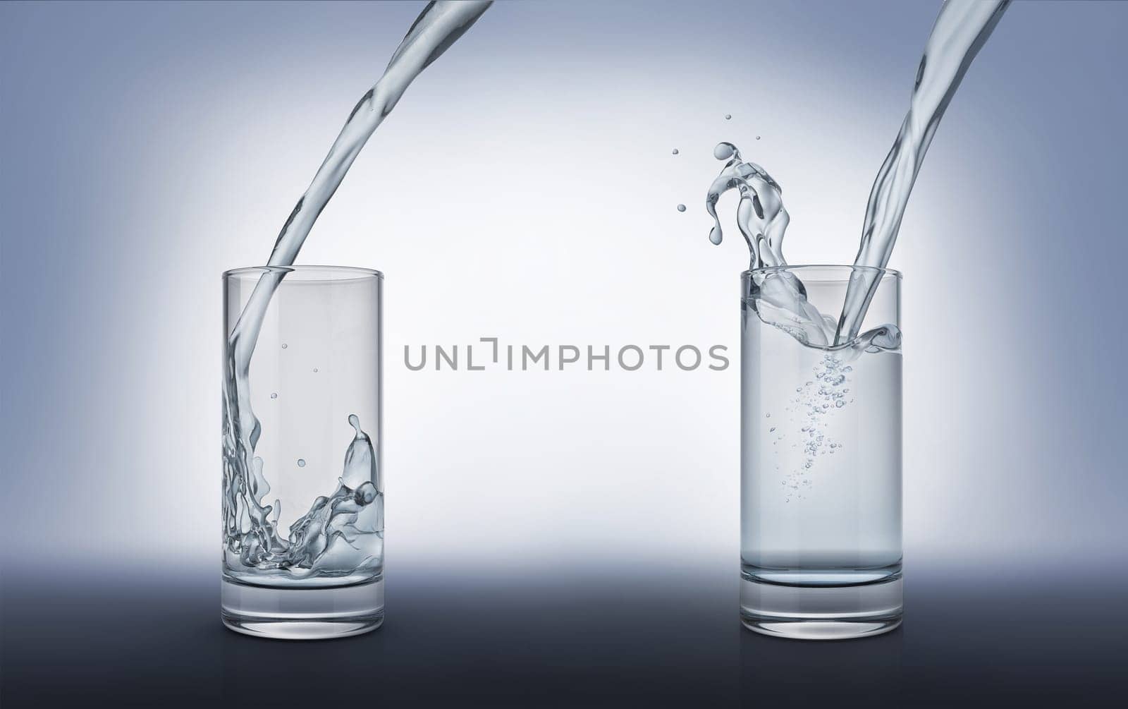 Two glasses with pouring water, one full with splash and one less full. Side view on grey background. Clipping path included.