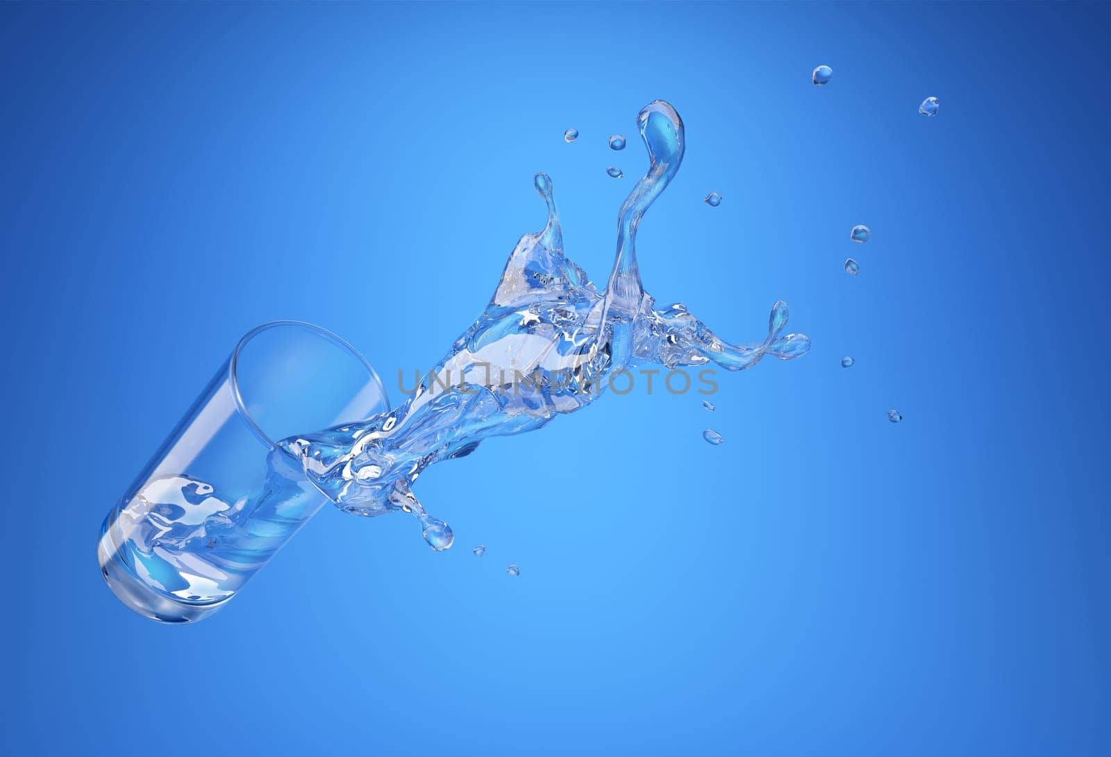 Glass with spilling water splash. perspective view. On blue background. Clipping path included.