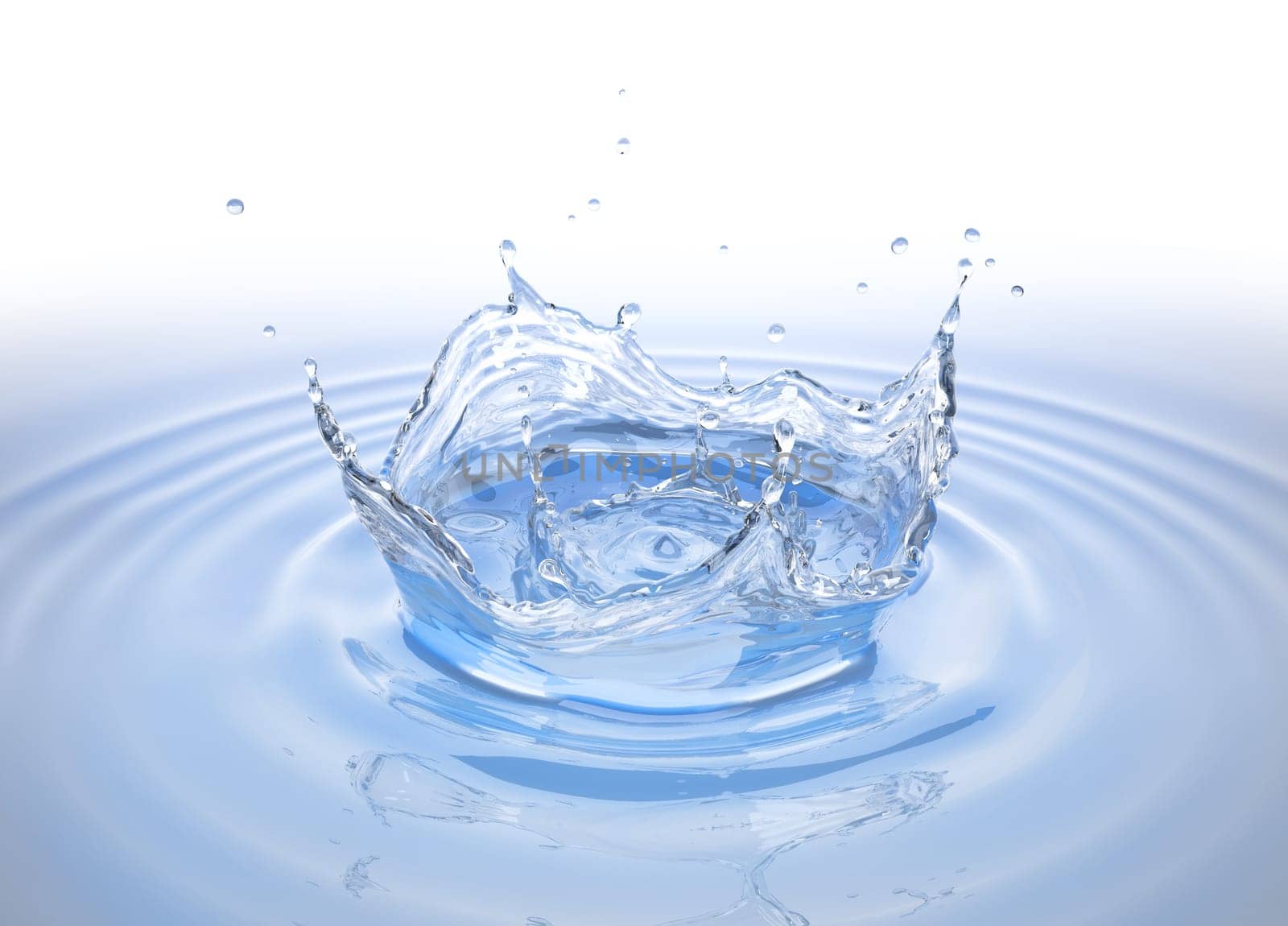 Clear water crown splash in water pool with ripples. Bird eye view. On white background.