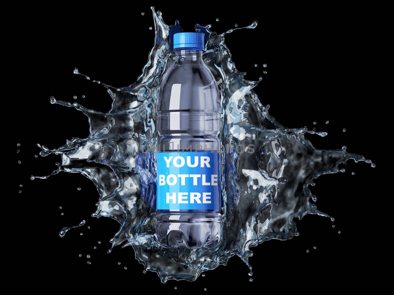 Splash of clear water with pet water bottle in the middle. isolated on black background. The bottle can be clipped and replaced with your bottle. Clipping path included.