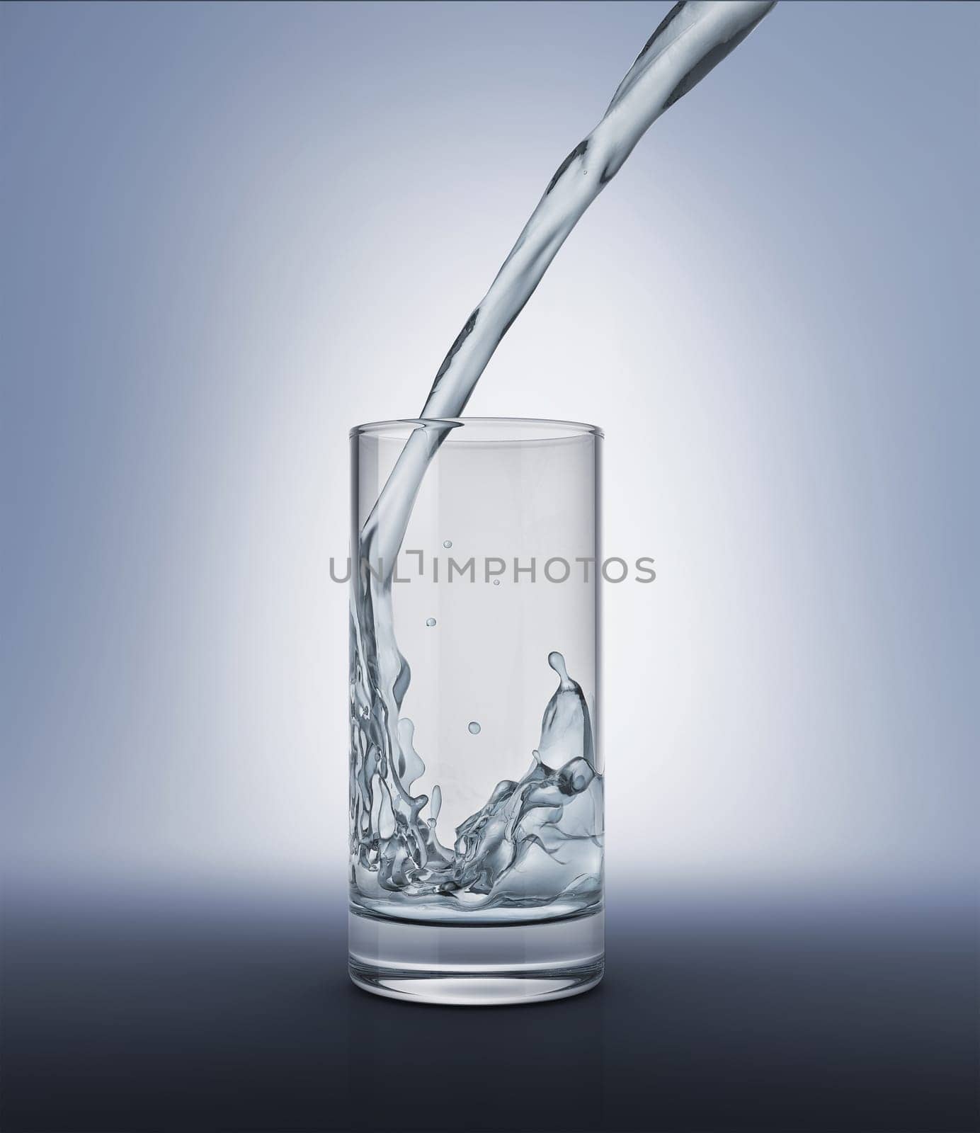 Pouring water into a glass with splash inside. Close up view from a side. Isolated on grey background. Clipping path included.