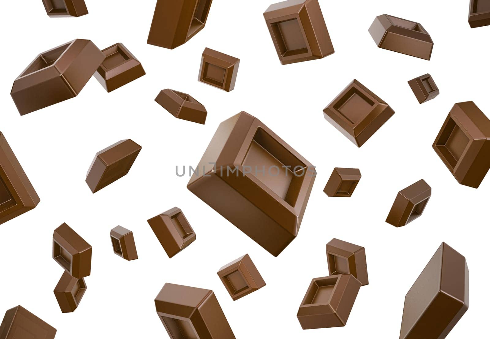 Many chocolate cubes falling down flying in white space. Isolated. Clipping path included.