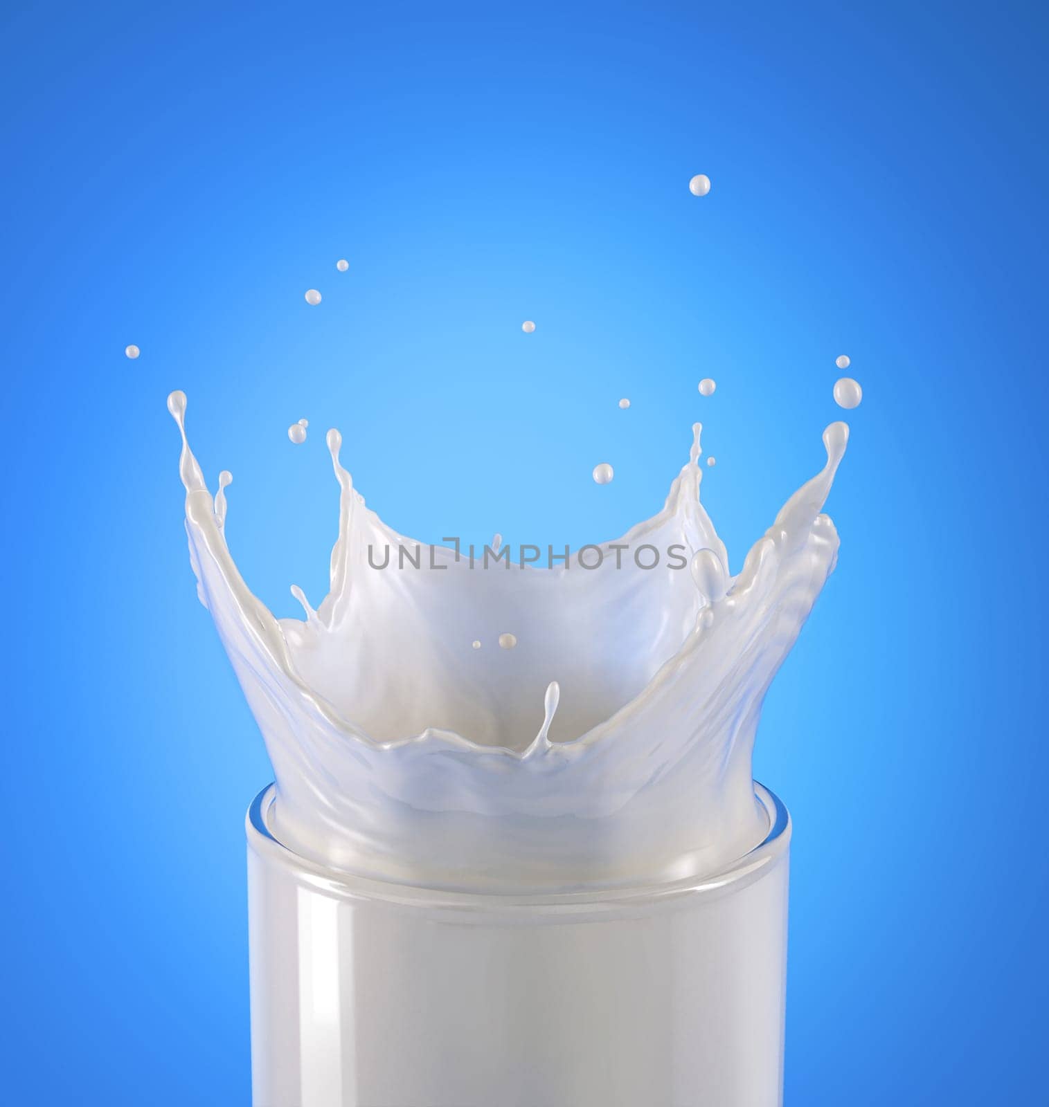 Glass full of milk with crown splash. Close up view, on blue background. Clipping path included.