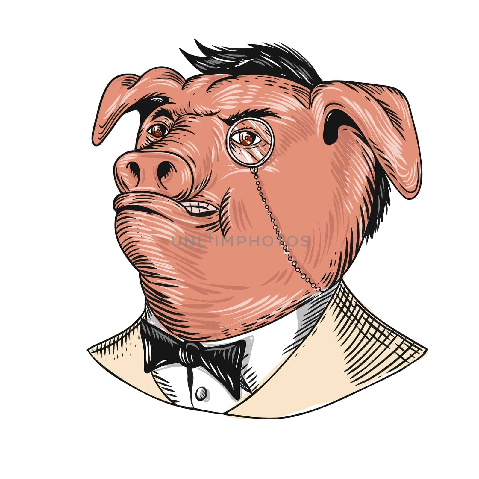 Drawing sketch style illustration of a noble aristocrat pig wearing a monocle and business suit with tie or tuxedo looking up on isolated white background.