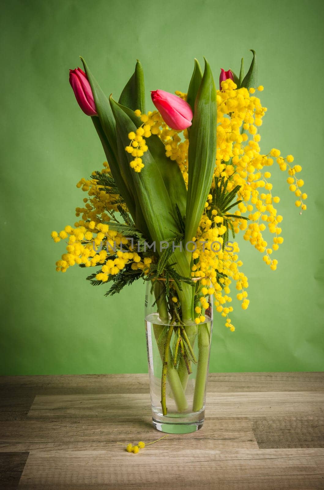 Spring bouquet with mimosa and tulips in a vase