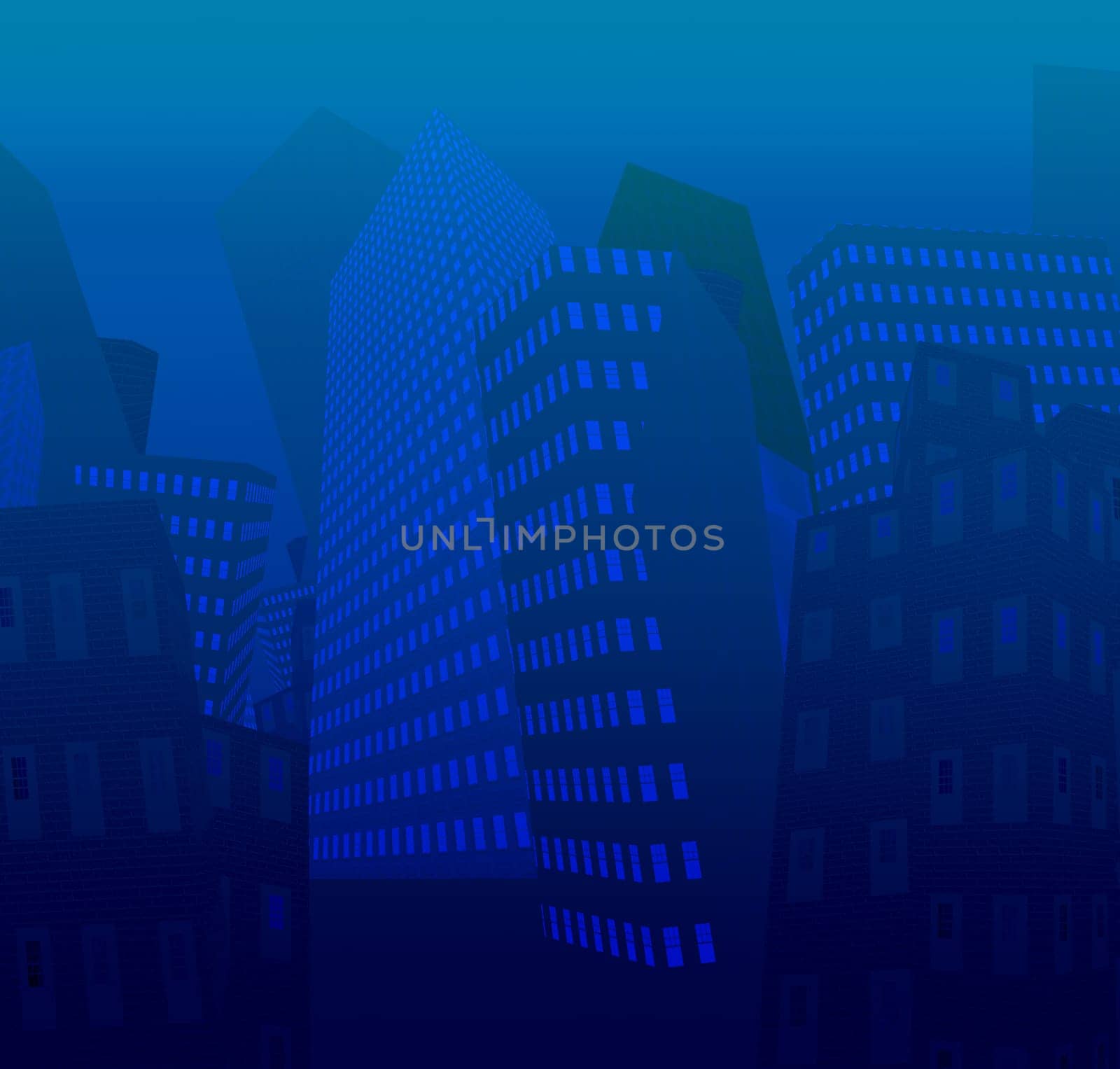 Cartoon drawing. Skyscrapers in blue color