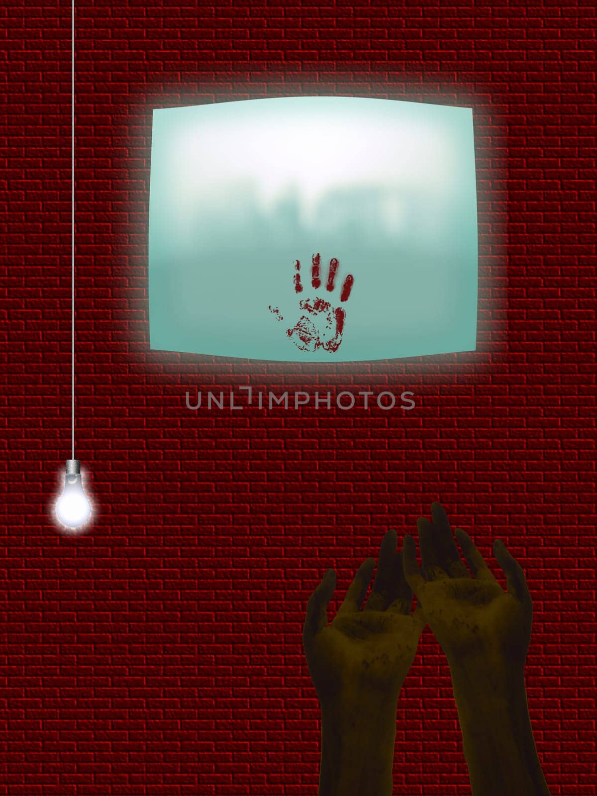 Hands in blood. Bloody handprint on screen