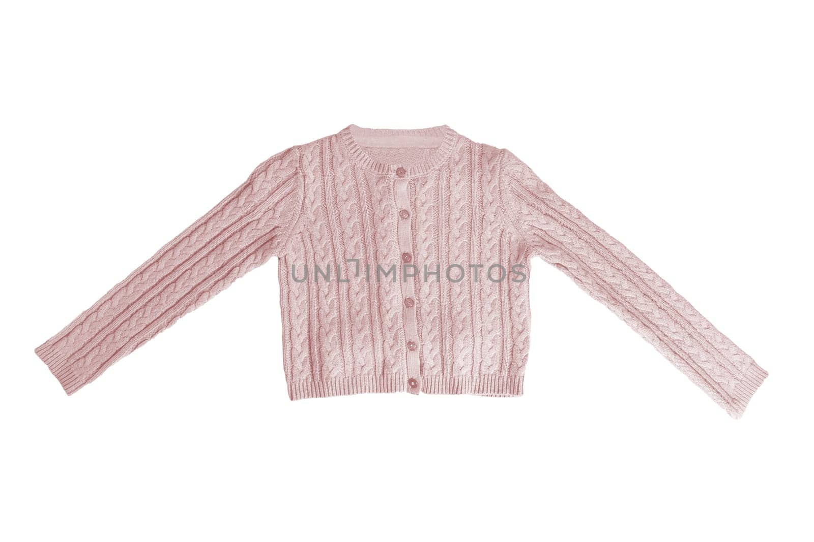 Girls clothes. Festive beautiful pink little girl sweater or knitted cardigan isolated on a white background. Children and kids fashion.