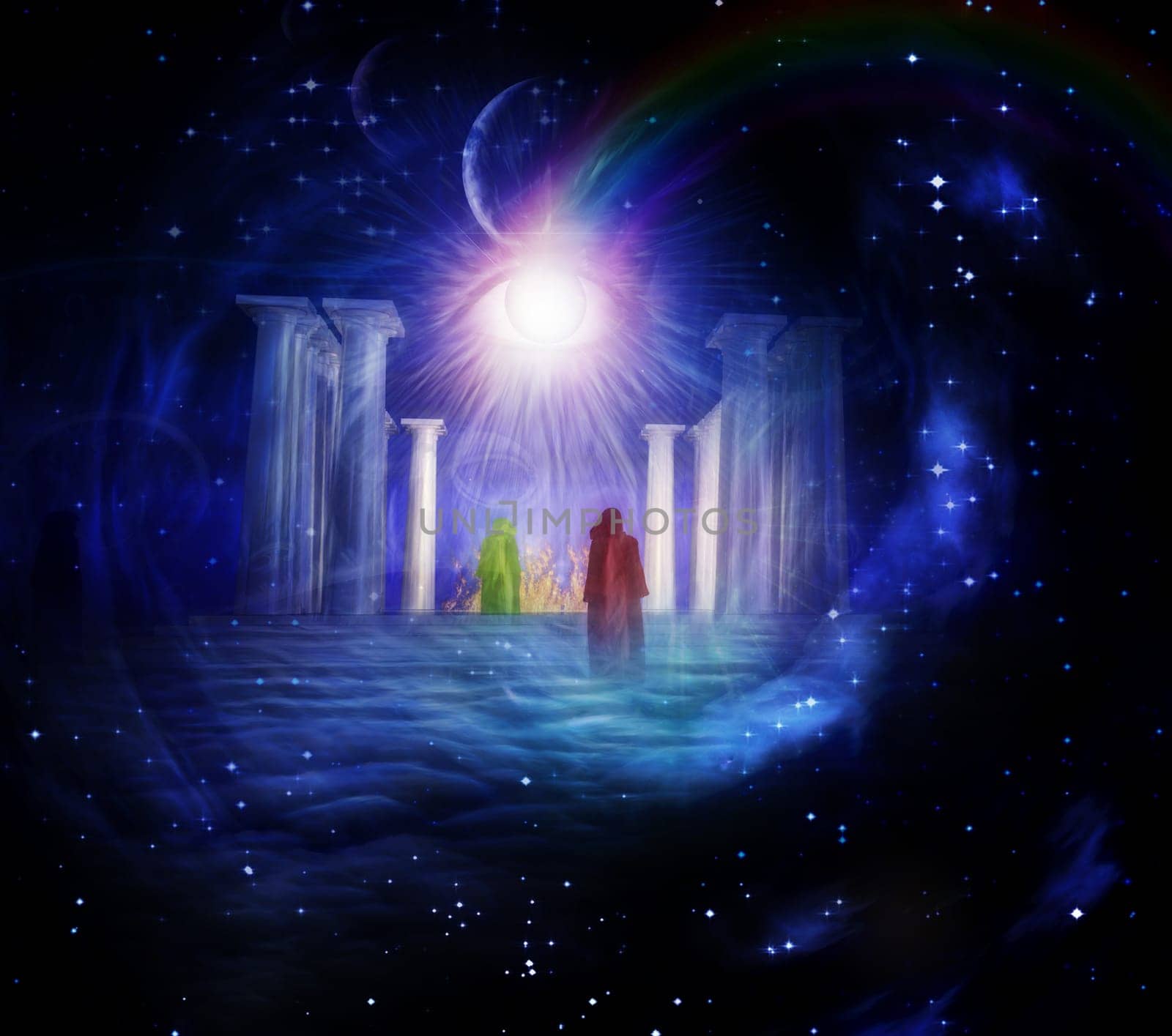 Temple of fire in the sky. Eye of God and priests