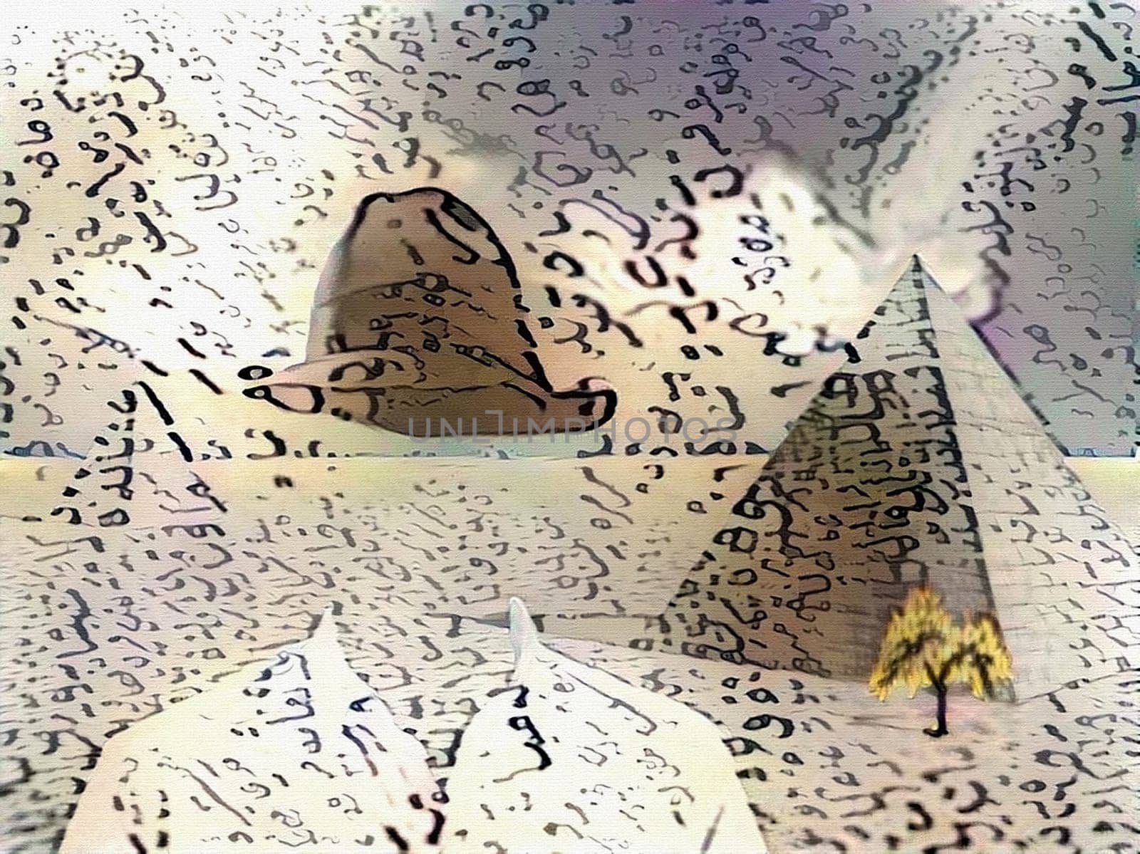 Invisible man in shirt and hat. Egyptian pyramids and burning tree