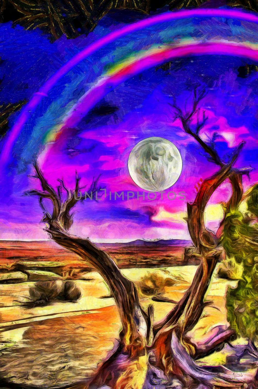 Surreal painting. Old tree stands on a rocky ground. Full moon and rainbow in purple-blue clouds.