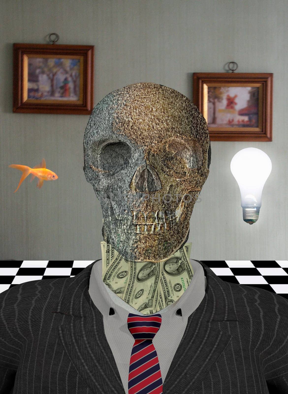 Skeleton in suit with dollars around neck. Golden fish and light bulb represents wishes and ideas.