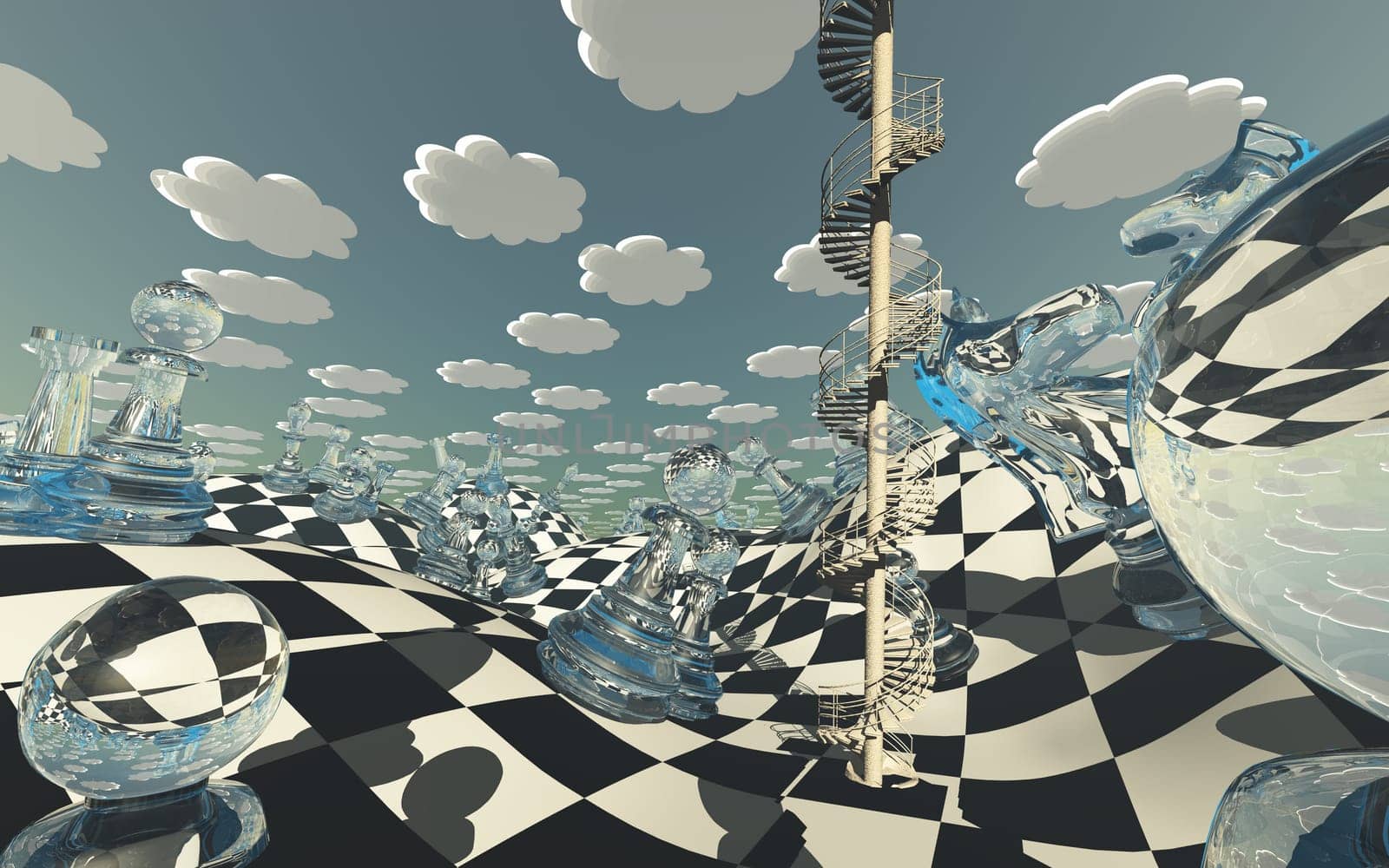 Chessboard Fantasy Landscape with circular staircase winding into sky