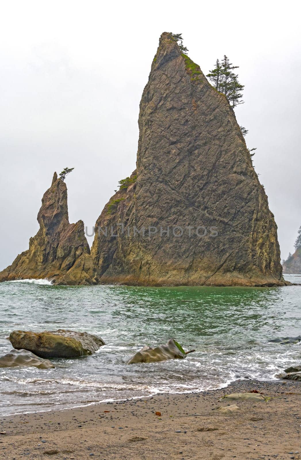 Dramatic Sea Stack on the Ocean Shore on Rialto Beach in Olympic National Park in Washington