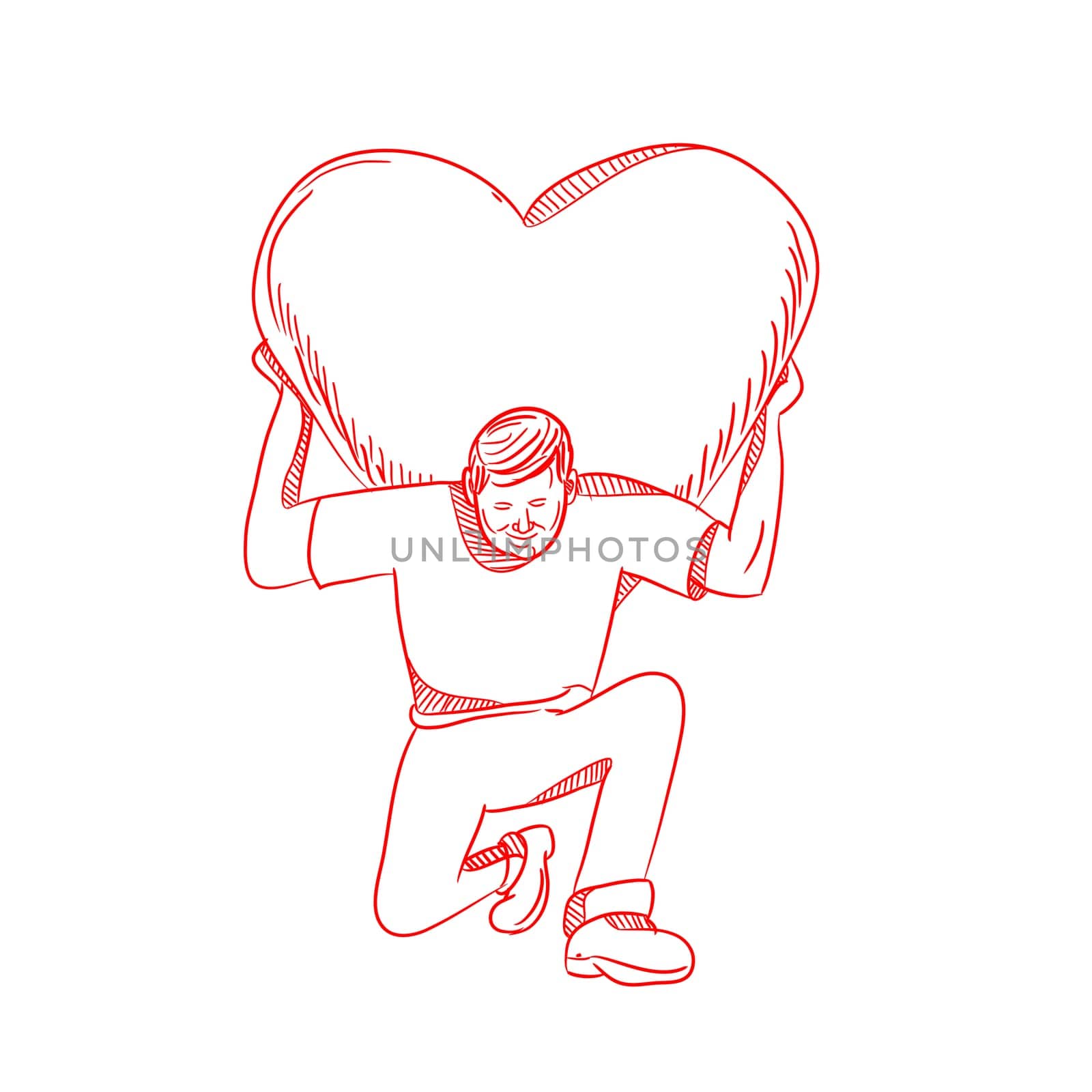 Drawing sketch style illustration of a modern Atlas lifting or carrying a giant heart on his back or shoulder while kneeling viewed from front on isolated white background.