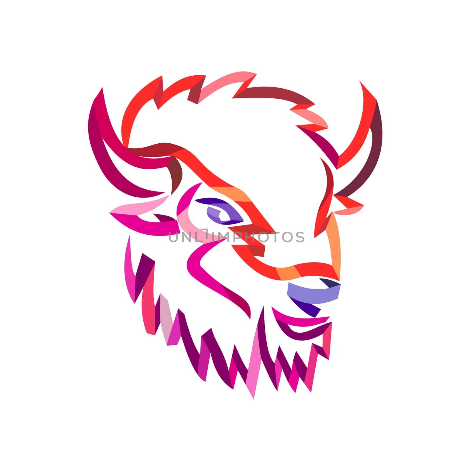 Curly Ribbon style illustration of head of an American bison or American buffalo, a North American species of bison viewed from side  done in twisted free flowing line art on isolated background.