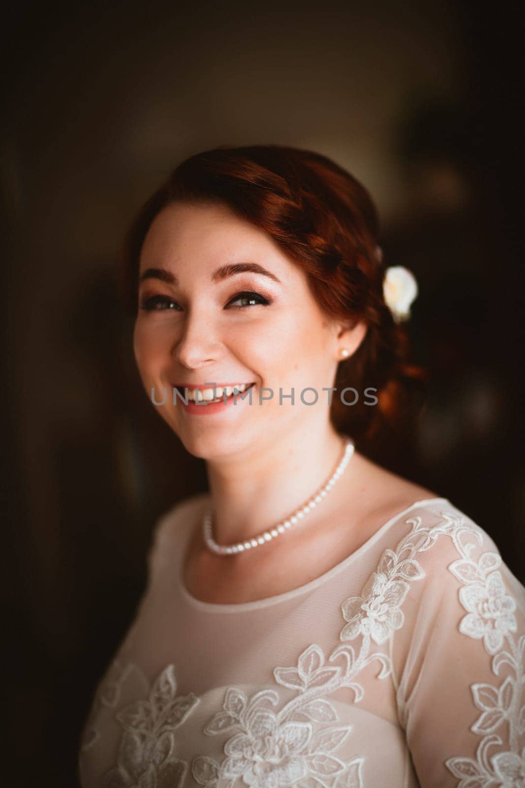 Portrait of a beautiful young bride near the window.