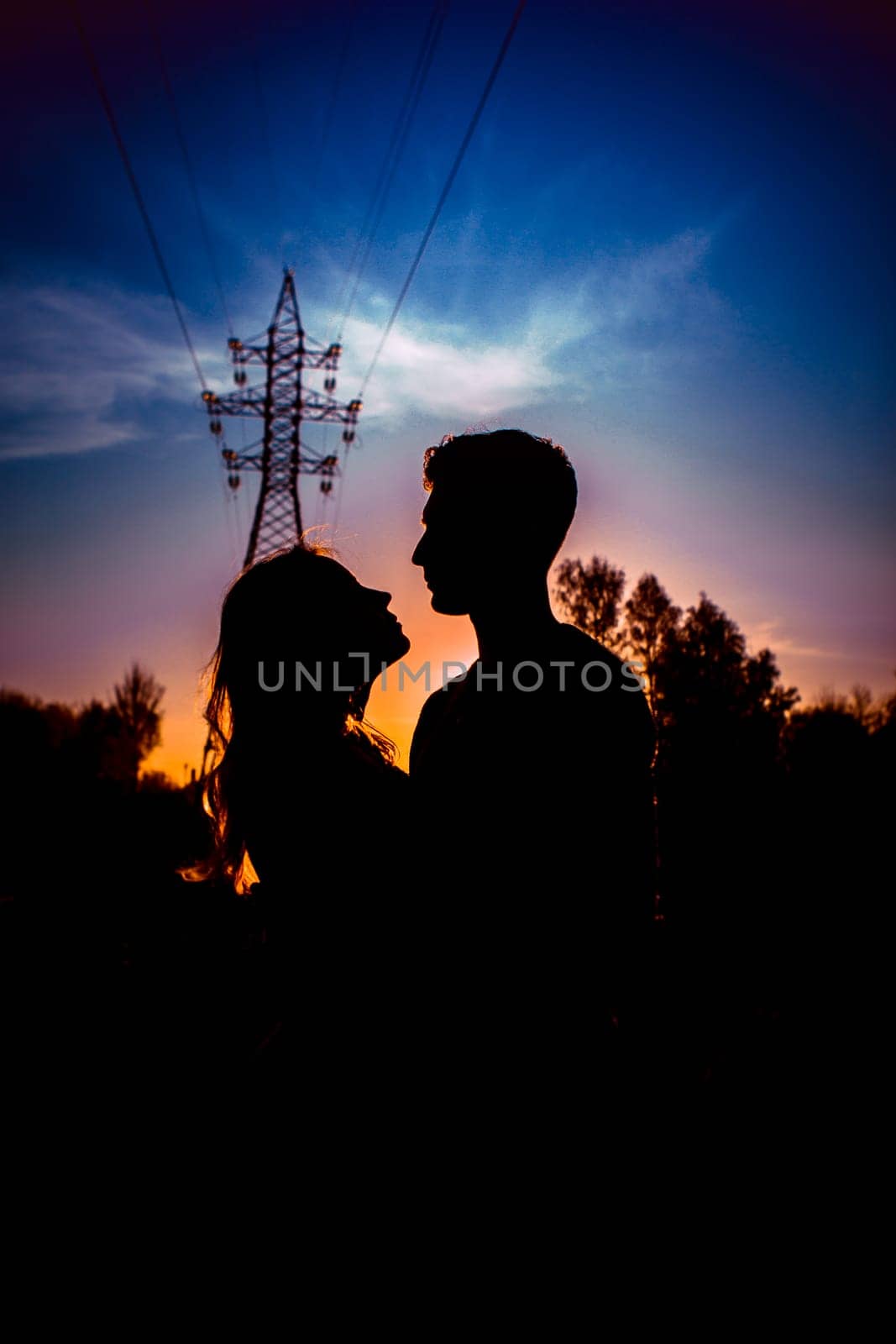 Silhouettes of a guy and girl in a field on a sunset background.