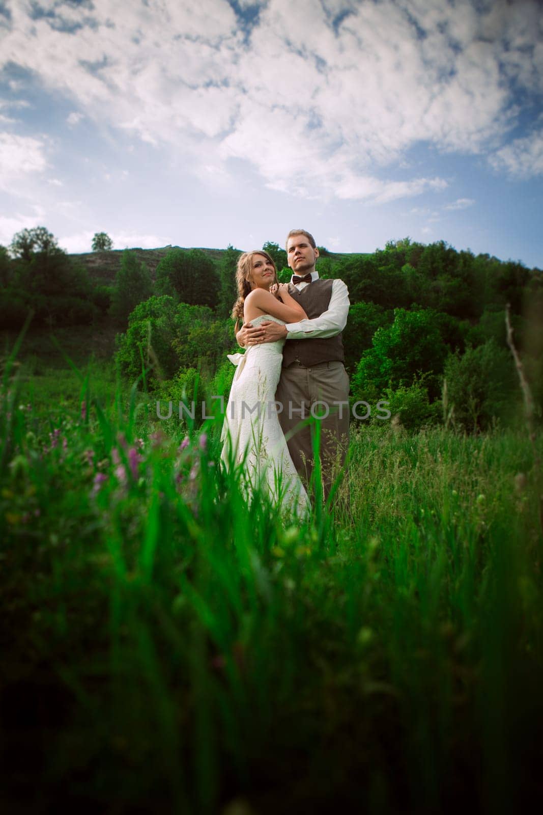 bride and groom stand on the background of the mountain and grass.