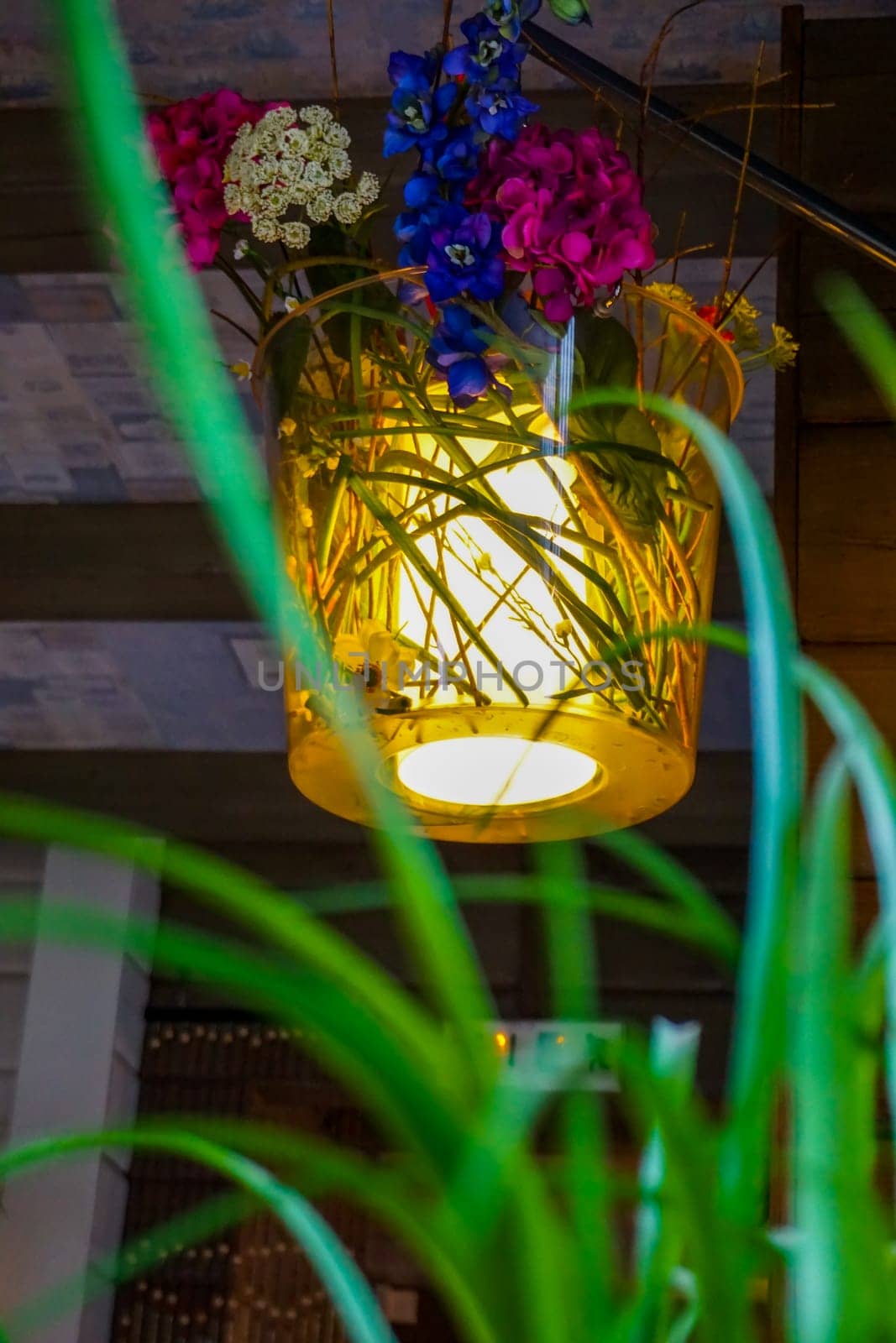 Flower decoration in cafe, Latvia. Flowers in a vase. Cafe interior with flowers. Flower vase decor hung at the ceiling. ..