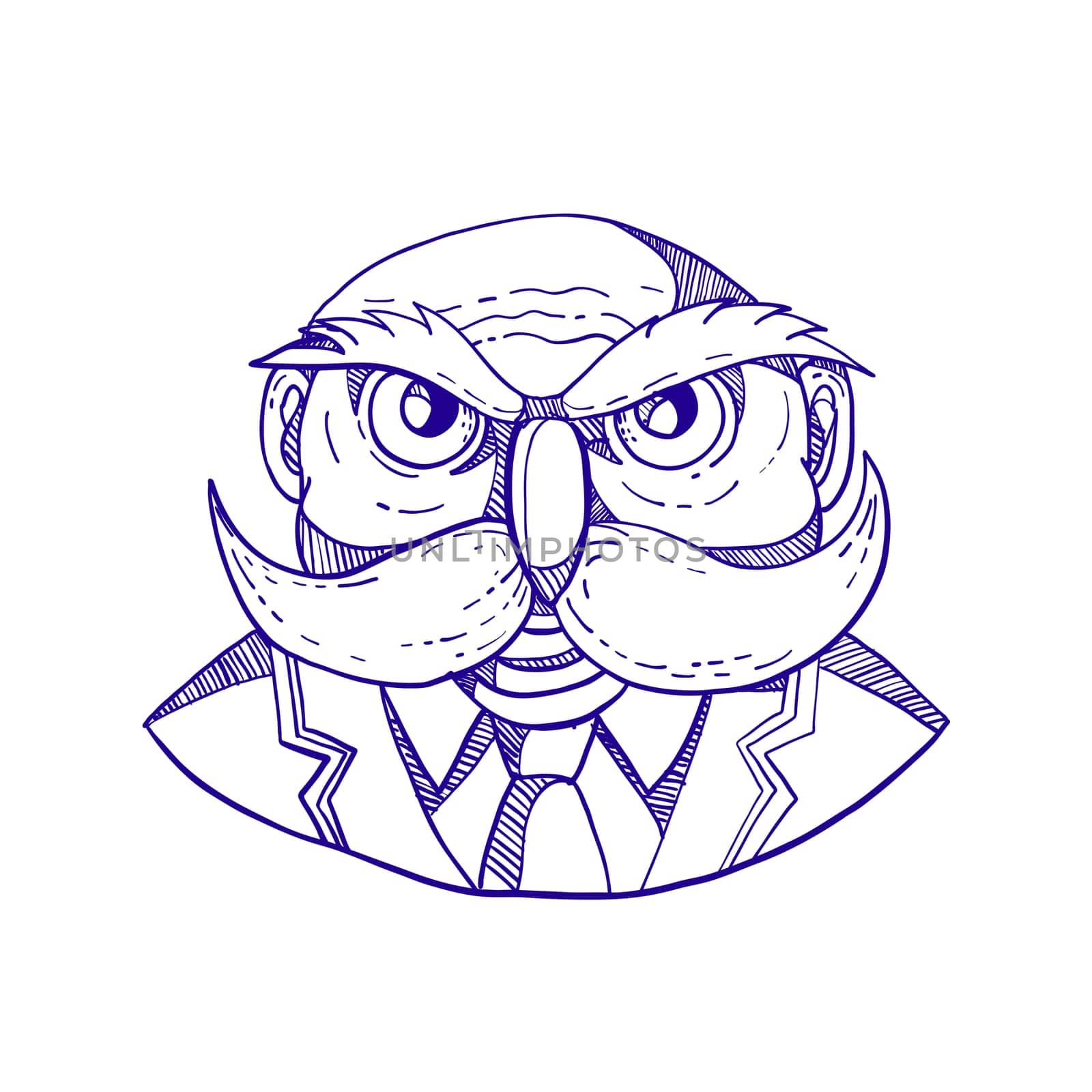 Doodle art illustration of an angry old bald man that looks like an owl with mustache wearing coat and tie viewed from front done in caricature style.