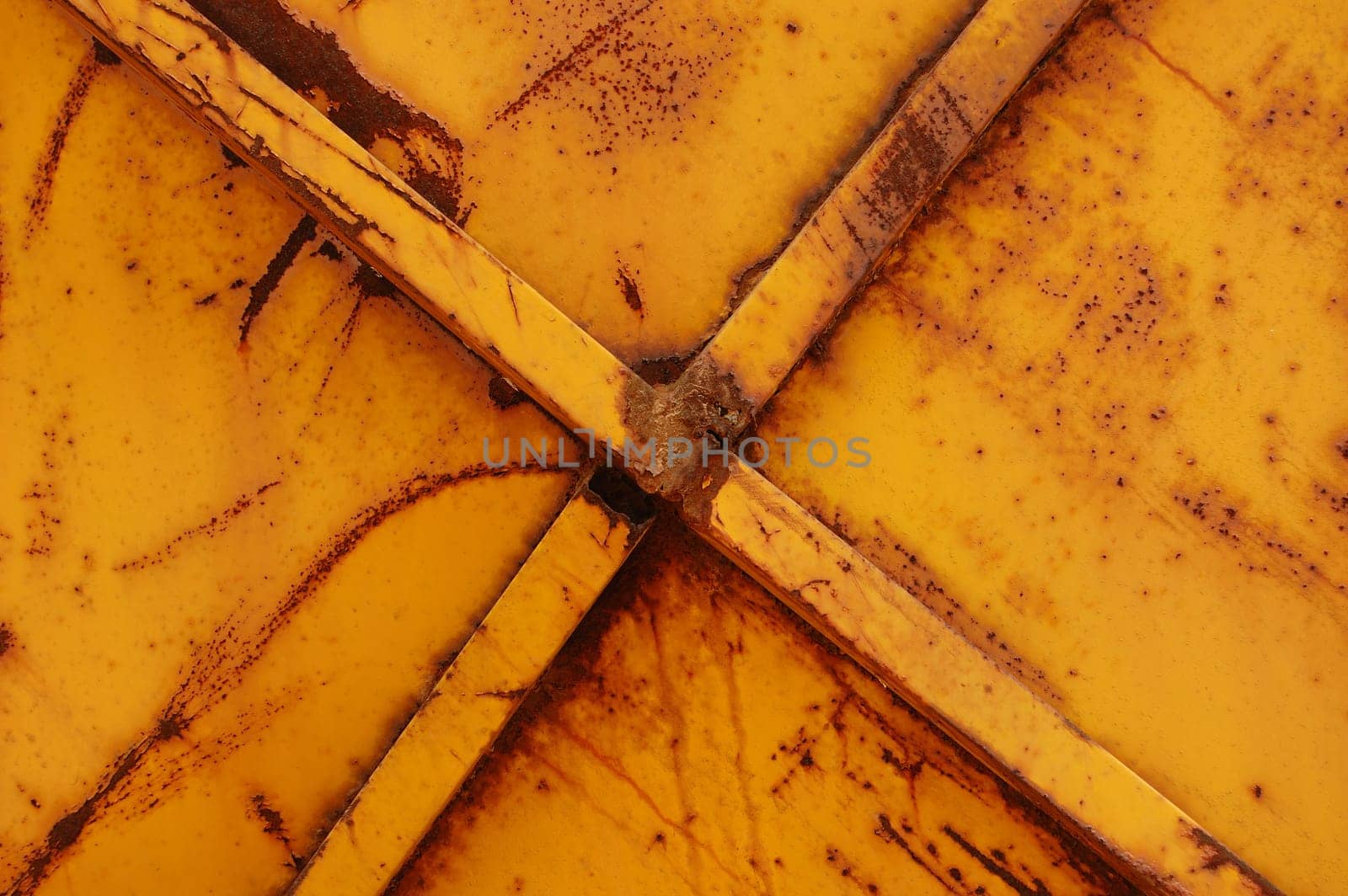 Rusty yellow metal weathered and worn abstract background texture.
